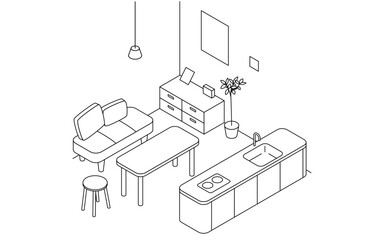 Room for rent: Dining room, simple isometric with island kitchen and dining table - obrazy, fototapety, plakaty
