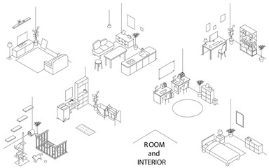 Finding a room for rent: various rooms, simple isometric illustration