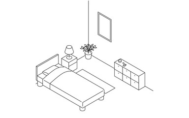 Finding a room for rent: bedroom, simple isometric with bed and bedside lighting
