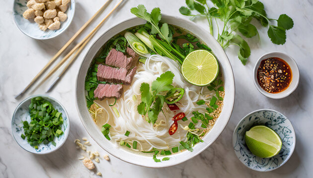 A top-down shot of a Vietnamese pho bowl captures the aromatic and steaming broth, rice noodles, and thinly sliced beef, topped with fresh herbs and lime, embodying the comforting flavors of Vietnames