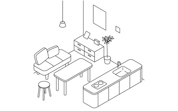 Room For Rent: Dining Room, Simple Isometric With Island Kitchen And Dining Table