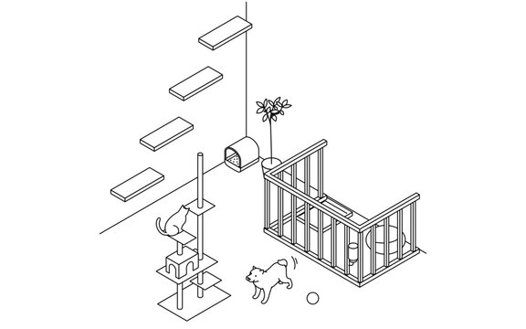 Finding a room for rent: pet-friendly property, cat tower and dog circle simple isometric