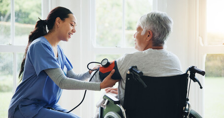 Woman, caregiver and senior in wheelchair for blood pressure, monitoring or elderly care at old age...