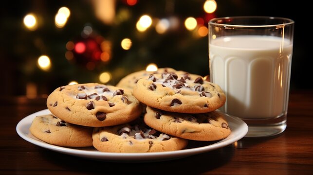 Christmas chocolate cookies and a glass of milk on the table for night santa claus with gifts