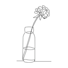 Continuous single line of beautiful romantic aesthetic flower in vase glass jar. One line art of romantic flower bouquet decoration vector illustration