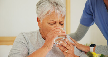 Nurse, senior woman and drinking water for medication in healthcare, support or trust at old age home. Closeup of mature patient with mineral drink, beverage or medical caregiver in natural nutrition