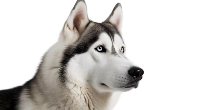 Half side view, close up of portrait, gray husky dog looking forward, head face to right side, isolated on transparent background. 