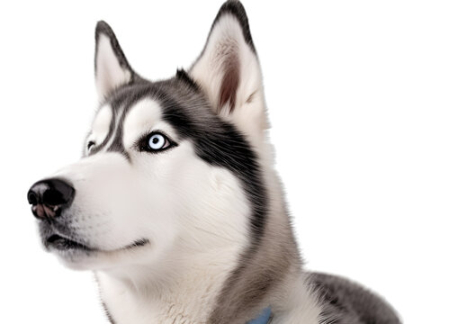 Half side view, close up of portrait, husky dog looking upside, isolated on transparent background. 