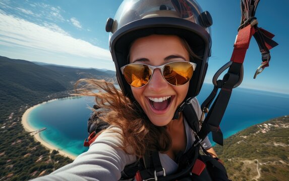 Fitness woman at a paradise beach having fun paragliding