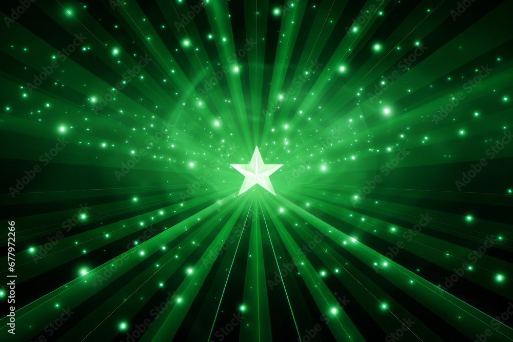 Wall mural shining green stars background with light rays, abstract light background with bokeh