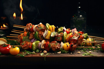 Mouthwatering skewers of grilled goodness chicken, pork, zucchini on wooden tray. Bursting with BBQ flavors and vibrant spices. Delightful cuisine is AI generative.