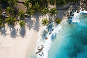 Fototapeta na wymiar Aerial delight A beachside haven with swaying palms and serene waters. AI Generative vacation dreams from above.