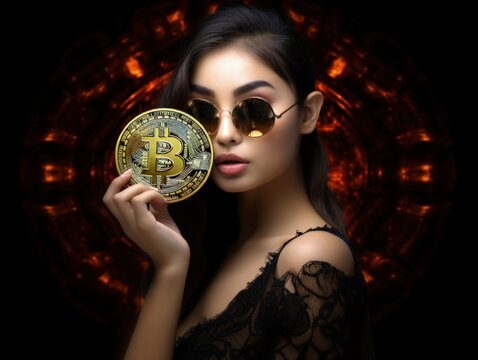 Asian Woman Holding a Bitcoin with Sunglasses Concept of Crypto Cryptocurrency Bull Market Virtual Money Blockchain Business Metaverse Artificial Intelligence Investment