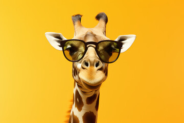 An artful portrait of a giraffe donning modern sunglasses, a blend of wildlife and retro fashion. Perfect for summer vibes. is AI Generative.