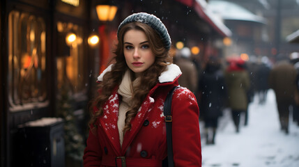 Fototapeta premium British woman standing in front of the station. Snow scene, wearing a red sweater.
