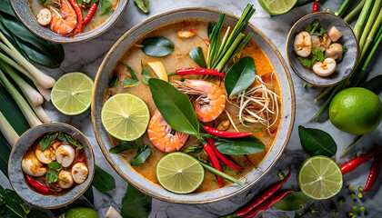 A top-down perspective of Thai tom yum soup showcases the fragrant and spicy broth filled with lemongrass, lime leaves, chili, and shrimp, creating a vibrant and aromatic Thai soup. - obrazy, fototapety, plakaty