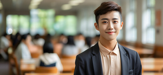 Obraz premium Asian man student smiling at camera in university
