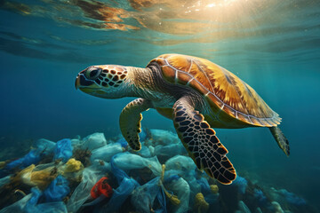 In the grip of plastic, A sea turtle faces the environmental problem of plastic pollution in the ocean, highlighting its detrimental impact on marine animals. AI Generative.