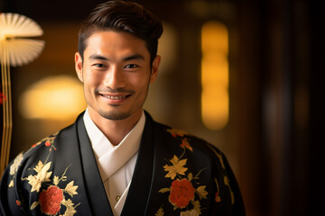 japanese man wearing a hakama and looking forward bokeh style background