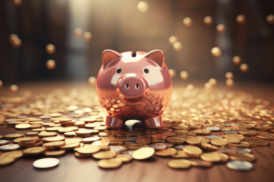 Savings and success symbolized by a pink piggy bank on a coin heap. The concept of growing wealth is AI Generative.