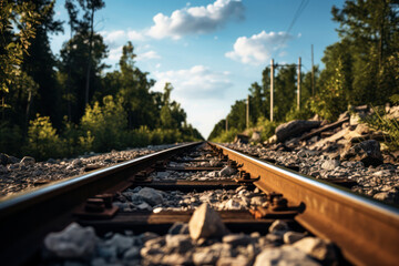 Sunset over an empty forest rail line provides an industrial perspective. Witness the steel path guiding your way into the distance. AI Generative.