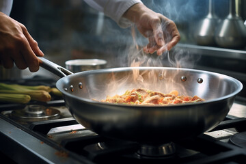 a chef cooking food with a pan on a stove bokeh style background