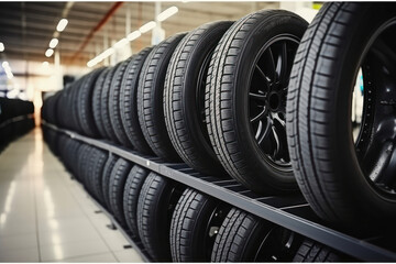 Many car tires in a warehouse, neatly stored for tire sales, vehicle maintenance, and automotive service. AI Generative.