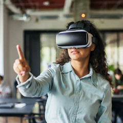 Excited woman wearing virtual reality testing new metaverse in office