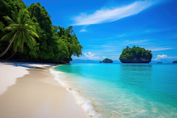 Fototapeta premium Turquoise seas, sandy beach, and palm trees create a paradise. A sailing boat with a large sail floats on the water. Caribbean holiday by AI Generative design.