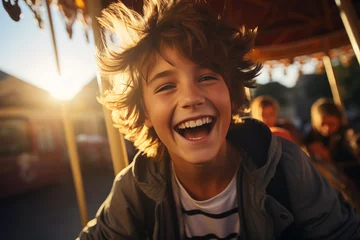 Poster delighted teenage boy having fun, riding on a carousel at funfair, amusement park © Olesia Bilkei