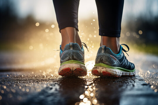 human feet wearing running shoes running in mud bokeh style background