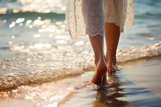 human feet walking on water of the sea bokeh style background