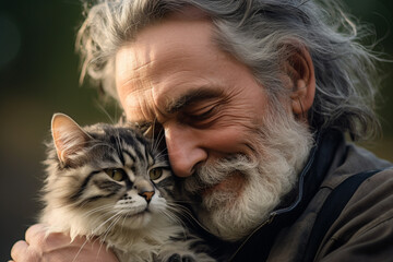 close up of old man hugging his cat bokeh style background