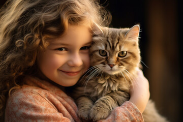 close up of a young girl hugging her cat bokeh style background