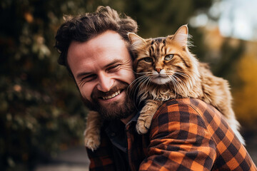 close up of a man and his cat bokeh style background - obrazy, fototapety, plakaty