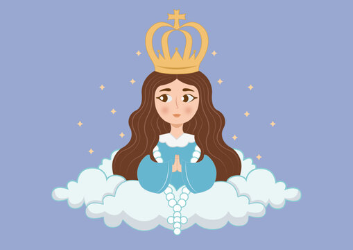 Santa Virgen María en las nubes. Ilustración vectorial en estilo plano de dibujos animados. Para comunidades cristianas y católicas, diseño, decoración de fiestas religiosas