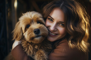 close up of woman hugging her dog bokeh style background