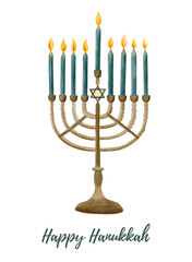 Watercolor illustration of jewish religious traditional candles light in candlestick. Isolated on a white background. For designs, for hanukkah celebration