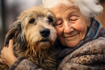 Naklejka na ściany i meble close up of old woman hugging her dog bokeh style background