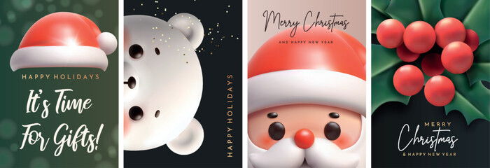 Cute New Year greeting cards. Polar bear, Santa Claus, Santa's hat and holly. Set of Christmas cards with 3D elements.