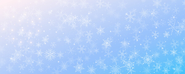 Snowflakes winter Christmas vector background. Blue and white frost sky. Gradient cold blizzard landscape.