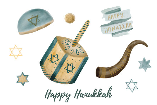 Watercolor illustration of jewish religious traditional decor. Isolated on a white background. For designs, for hanukkah celebration