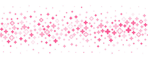 Medical cross and plus background. Abstract seamless pink background for hospital and pharmacy. Geometrical shapes ornament on border. Vector backdrop