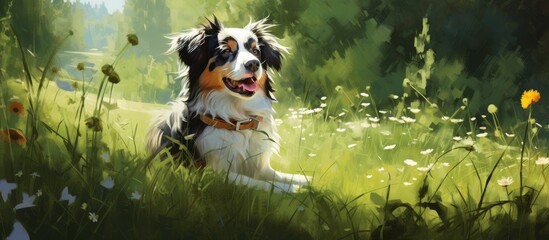 In the sunny park a cute dog with a vibrant green collar frolicked joyfully on the grass embraced by the lush nature of the surrounding forest painting a picturesque portrait amidst the vib