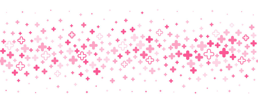 Medical cross and plus background. Abstract seamless pink background for hospital and pharmacy. Geometrical shapes ornament on border. Vector backdrop