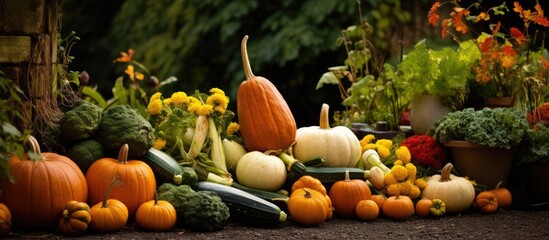 natural setting of an autumn garden filled with lush green plants colorful seasonal fruits like yellow pumpkins and vegetables grow abundantly offering a fresh and raw taste straight from t