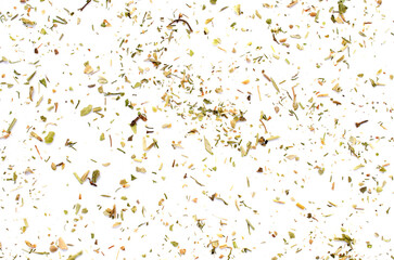 Mixture of dried Provencal herbs isolated on a white background, top view. Pile of natural dried Provencal herbs, top view. Heap of dried Provencal herbs isolated on a white background, top view. - obrazy, fototapety, plakaty