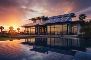 Constructed homes with solar panels on the roof. - obrazy, fototapety, plakaty