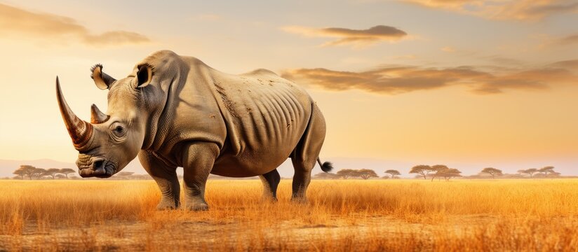 isolated African grassland a magnificent rhinoceros a big herbivore mammal with a horn roams freely in its natural outdoor habitat adding to the diverse wildlife and rich ecology of the mea