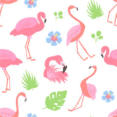 Vector Seamless pattern with pink flamingo and tropical leaves.